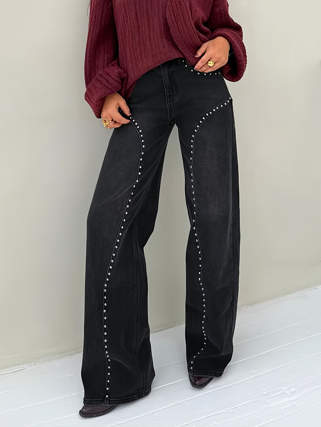 GILIPUR Women's High Waisted Wide Leg Jeans, Solid Black with Studded Trim, Relaxed Flattering Fit – Elegant Office Commute Denim Pants - Black