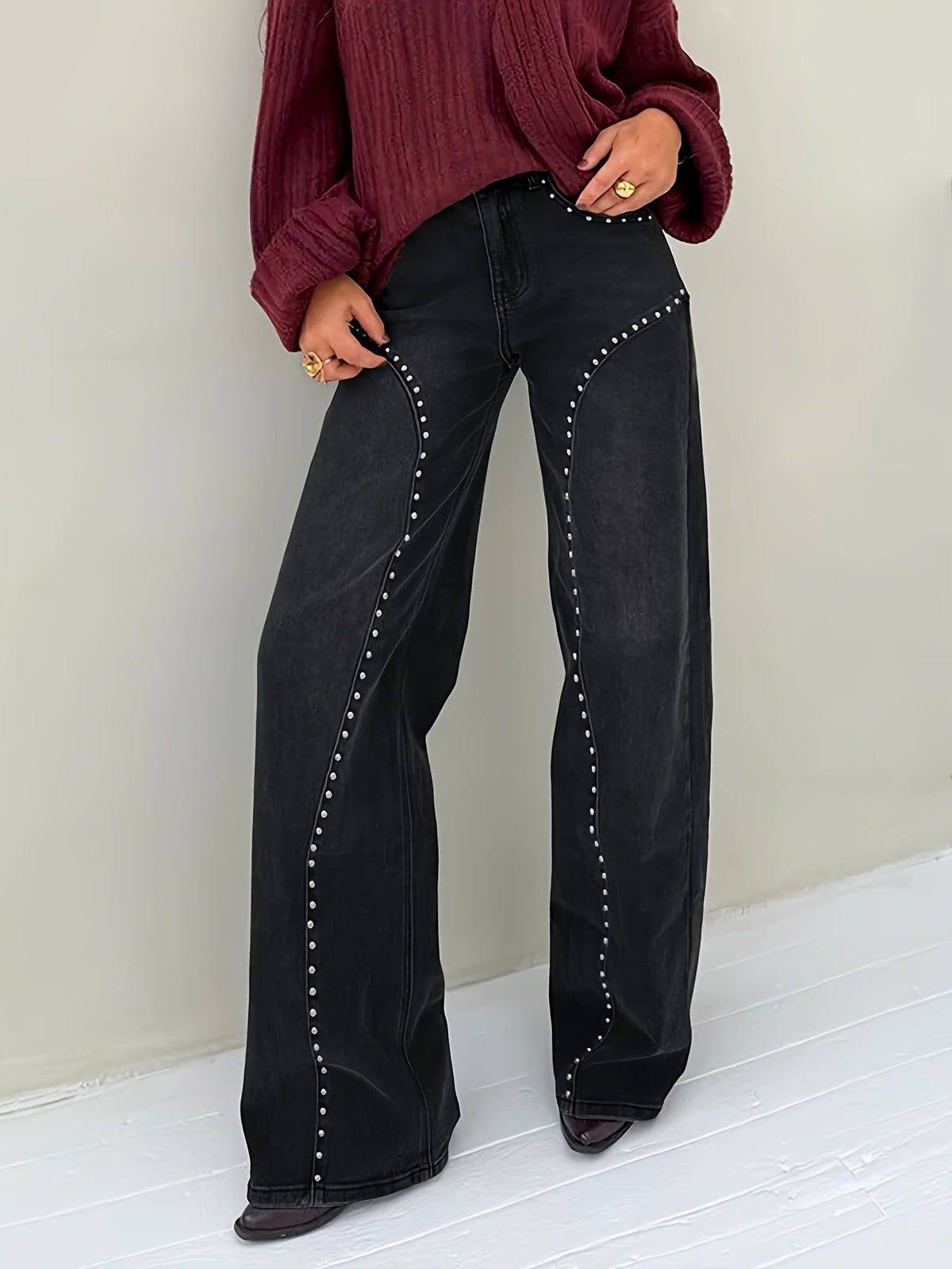 GILIPUR Women's High Waisted Wide Leg Jeans, Solid Black with Studded Trim, Relaxed Flattering Fit – Elegant Office Commute Denim Pants - Black