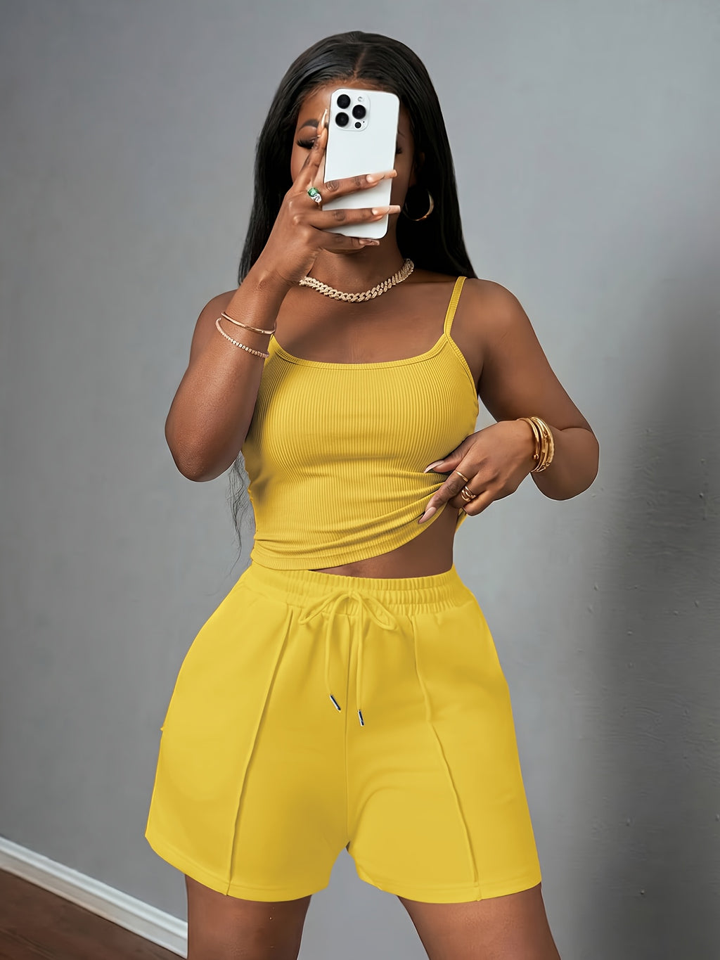 Women'S New Casual Camisole Knit Elastic Vest And Striped Textured Shorts 2pcs Set - Yellow