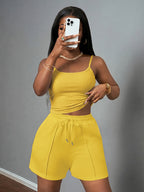 Women'S New Casual Camisole Knit Elastic Vest And Striped Textured Shorts 2pcs Set - Yellow