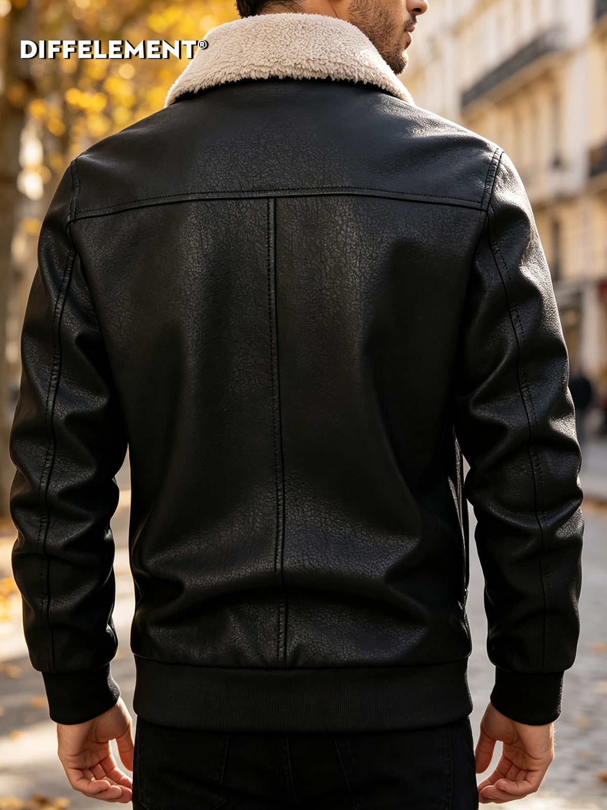 Men'S Plush Collar Distressed Flight Jacket, Thickened Warm Lining Vintage Texture Fabric Zipper Pockets Shield Badge Slim Short Style Fall Winter Riding Commute American Casual Windproof Durable Coat - Black
