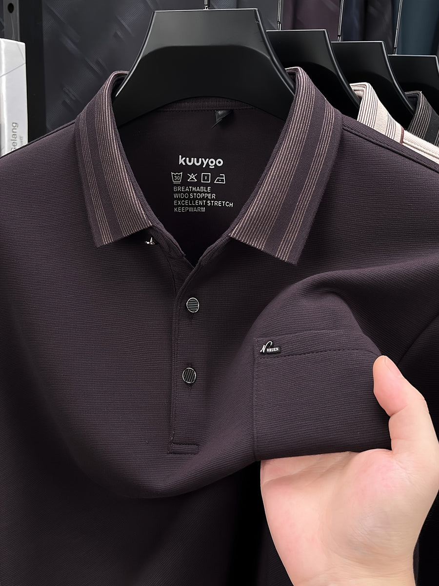 Men's Multi-Color Contrast Lapel Long-Sleeve Polo Shirt, Business Pullover Top with Real Pockets, Skin-Friendly and Breathable, Suitable for Business Commuting, Business Trips, Parties, Daily Home Wear, and Casual Base Layers - Fuchsia