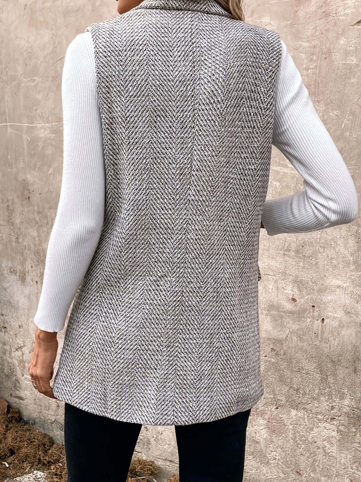 Autumn-Winter European Style Women's Solid Color Double-Breasted Lapel Sleeveless Vest Coat - Space Gray
