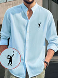 Men's Fashion Comfortable Lightweight Long Sleeve Shirt - Hawaiian Beach, Vacation, Party Wear, Breathable Stand Collar Button-Up Top, Versatile for Daily Wear, Events, and Outings, Tennis Print Pattern, Suitable for Various Occasions Casual Shirt - Sky Blue