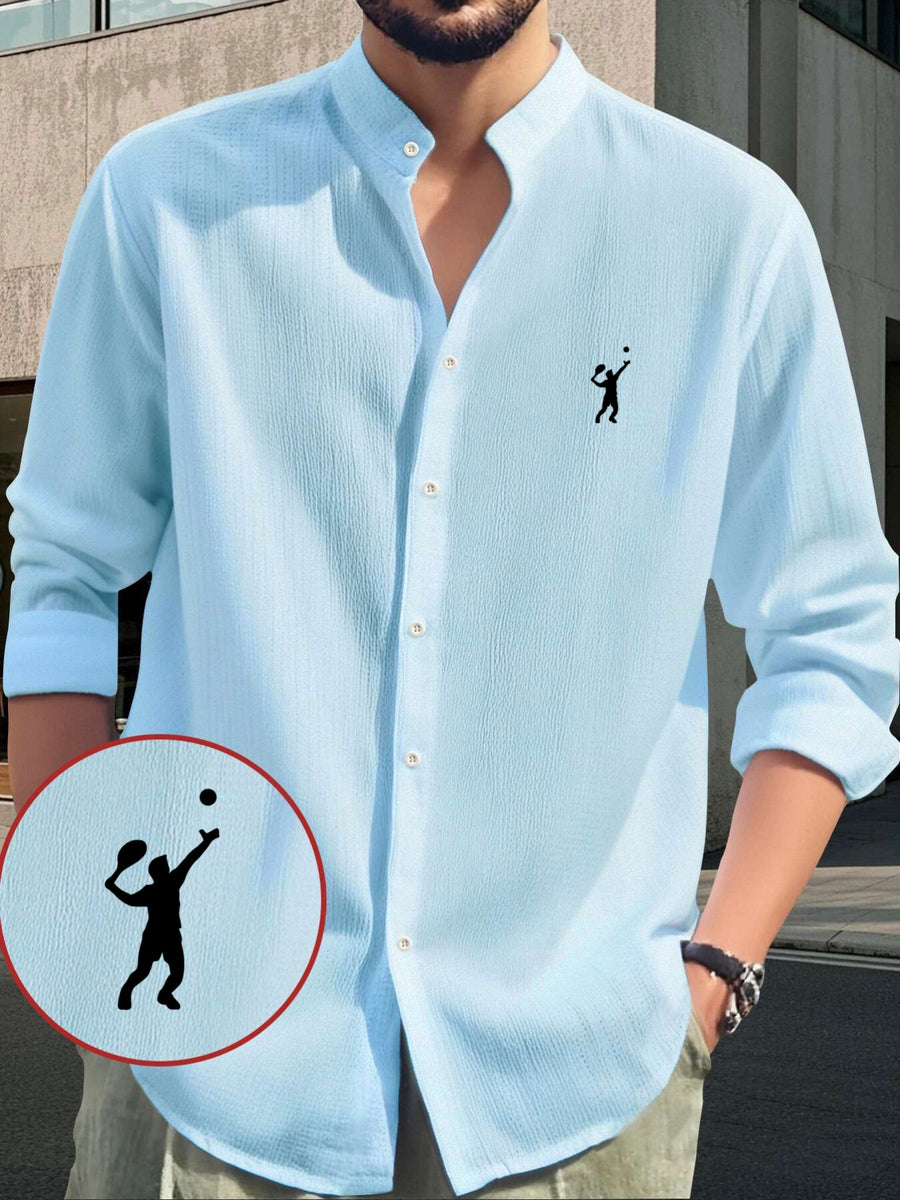 Men's Fashion Comfortable Lightweight Long Sleeve Shirt - Hawaiian Beach, Vacation, Party Wear, Breathable Stand Collar Button-Up Top, Versatile for Daily Wear, Events, and Outings, Tennis Print Pattern, Suitable for Various Occasions Casual Shirt - Sky Blue