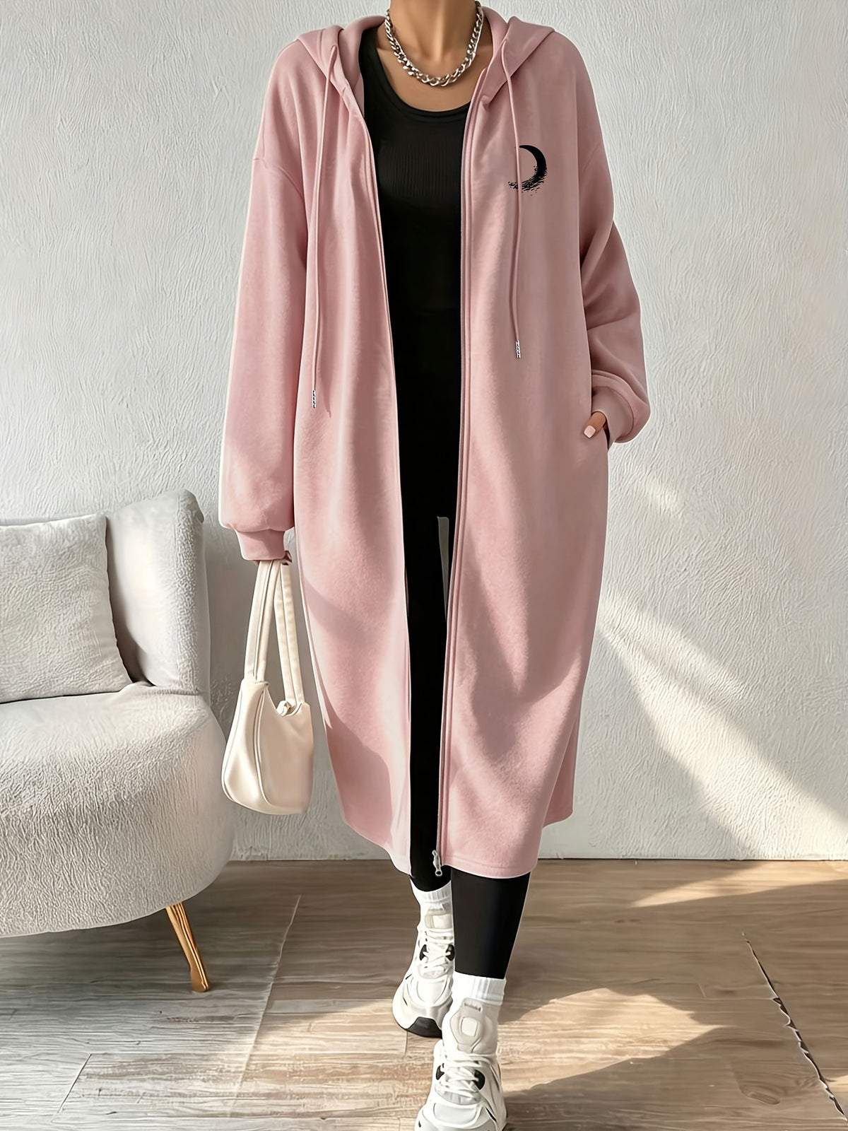 Women's Fashion Color-Block Zip-Up Jacket with Crescent Moon Pattern Print - Peach