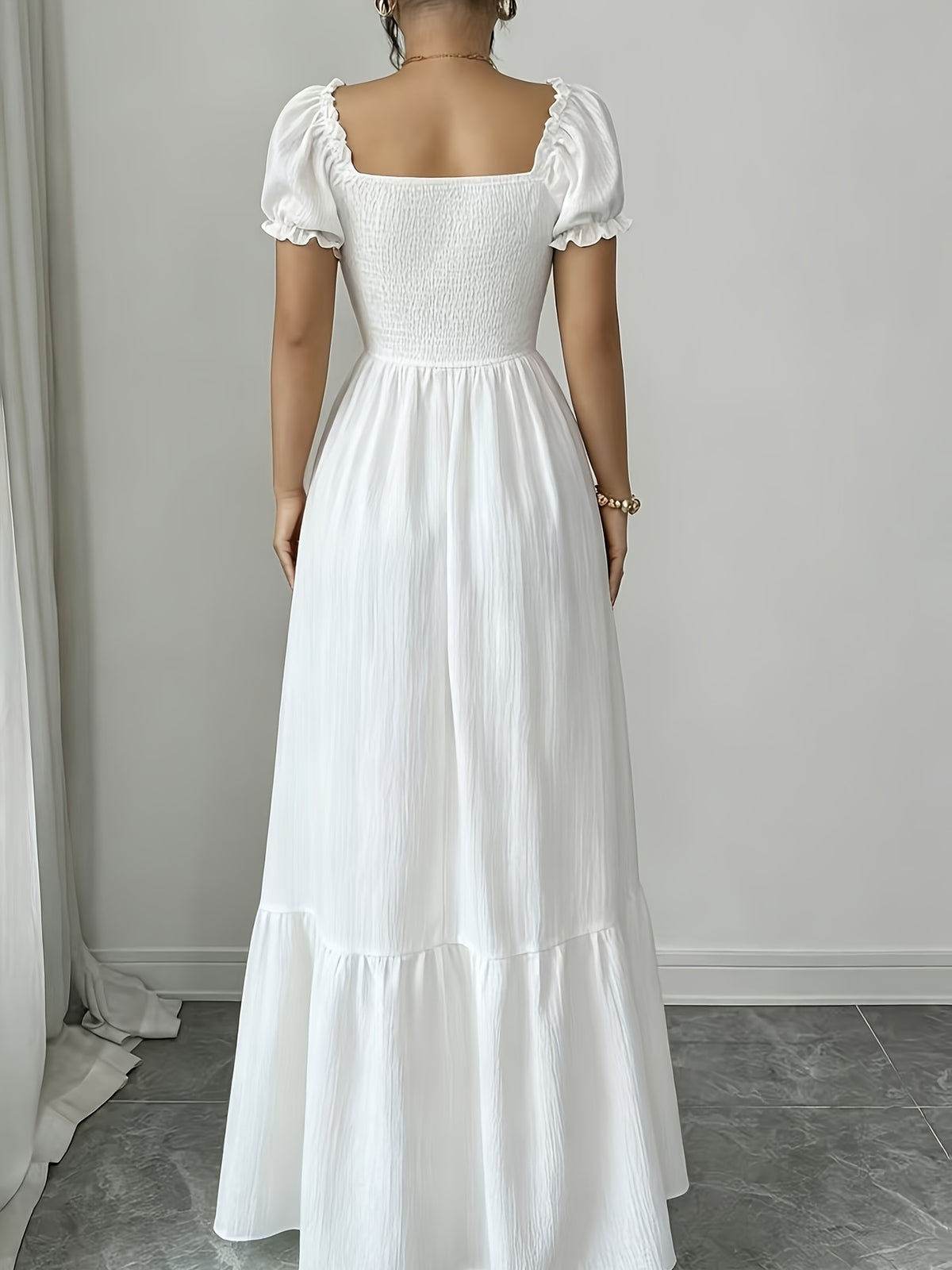 Elegant Dress Women'S Skirt Square Neck Puff Sleeve Tie-Up A-Line Long Dress Suitable for Outdoor Spring Summer Party Wedding Travel Zzy Spring Summer - White