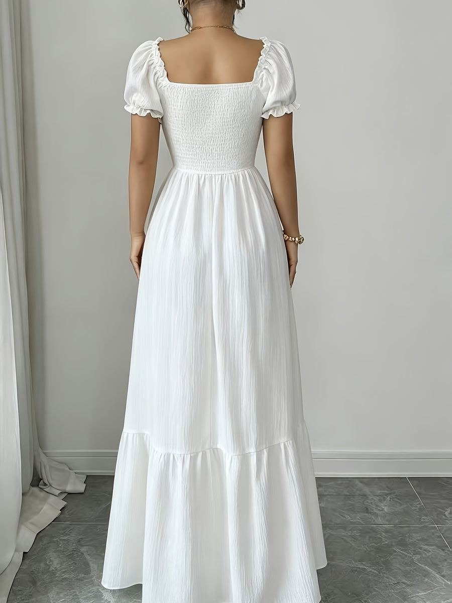 Elegant Dress Women'S Skirt Square Neck Puff Sleeve Tie-Up A-Line Long Dress Suitable for Outdoor Spring Summer Party Wedding Travel Zzy Spring Summer - White