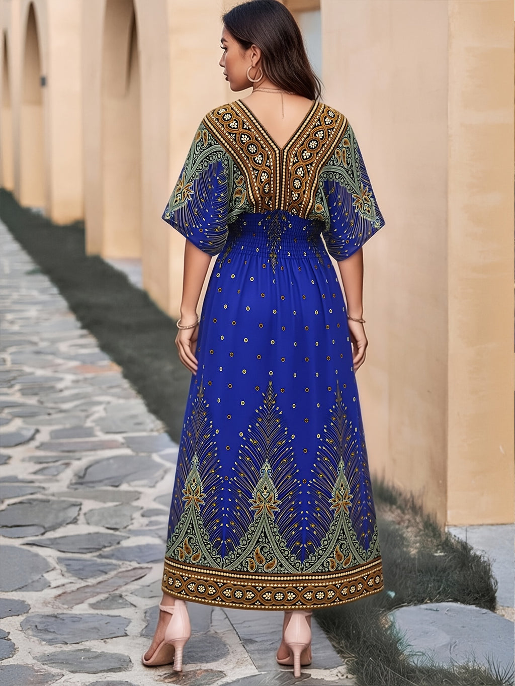Summer Bohemian Women's Dress, Thin Beach Vacation Dress, 4 Colors Available, High Waist V-Neck Maxi Dress with Batwing Sleeves - Loose, Comfortable, and Breathable - Blue
