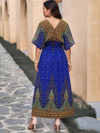 Summer Bohemian Women's Dress, Thin Beach Vacation Dress, 4 Colors Available, High Waist V-Neck Maxi Dress with Batwing Sleeves - Loose, Comfortable, and Breathable - Blue