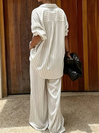 Striped Loose-fit Set with a Draped Feel, Creating a Casual and Laid-back Vibe. The Relaxed Silhouette and Striped Pattern Offer a Sophisticated Texture, Perfect for a Relaxed yet Refined Mature-casual Style. Suitable for Light Social Occasions Such - White