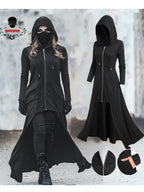 Gothic Ultra-Long Tailcoat Cardigan with Zipper And Hood, Pockets Included, Long Length Hooded Openable Zipper Jacket, Mysterious Ghost Coat, Enigmatic Hooded Ultra-Long Coat - Black