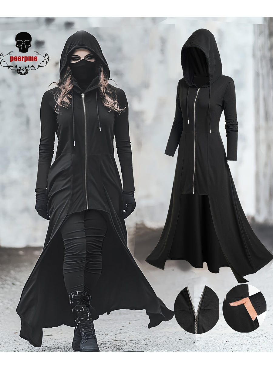Gothic Ultra-Long Tailcoat Cardigan with Zipper And Hood, Pockets Included, Long Length Hooded Openable Zipper Jacket, Mysterious Ghost Coat, Enigmatic Hooded Ultra-Long Coat - Black