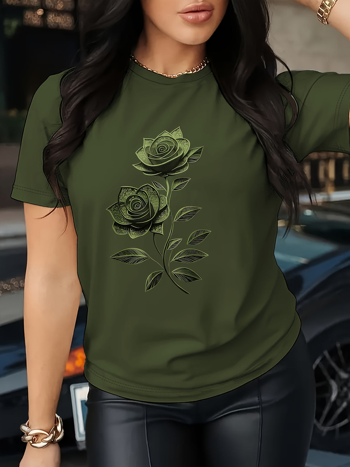 Elegant Women'S T-Shirt | Unique Rose Pattern - Casual Crew Neck Top | Breathable, Lightweight, Perfect for Spring And Summer Wardrobe - Olive Green