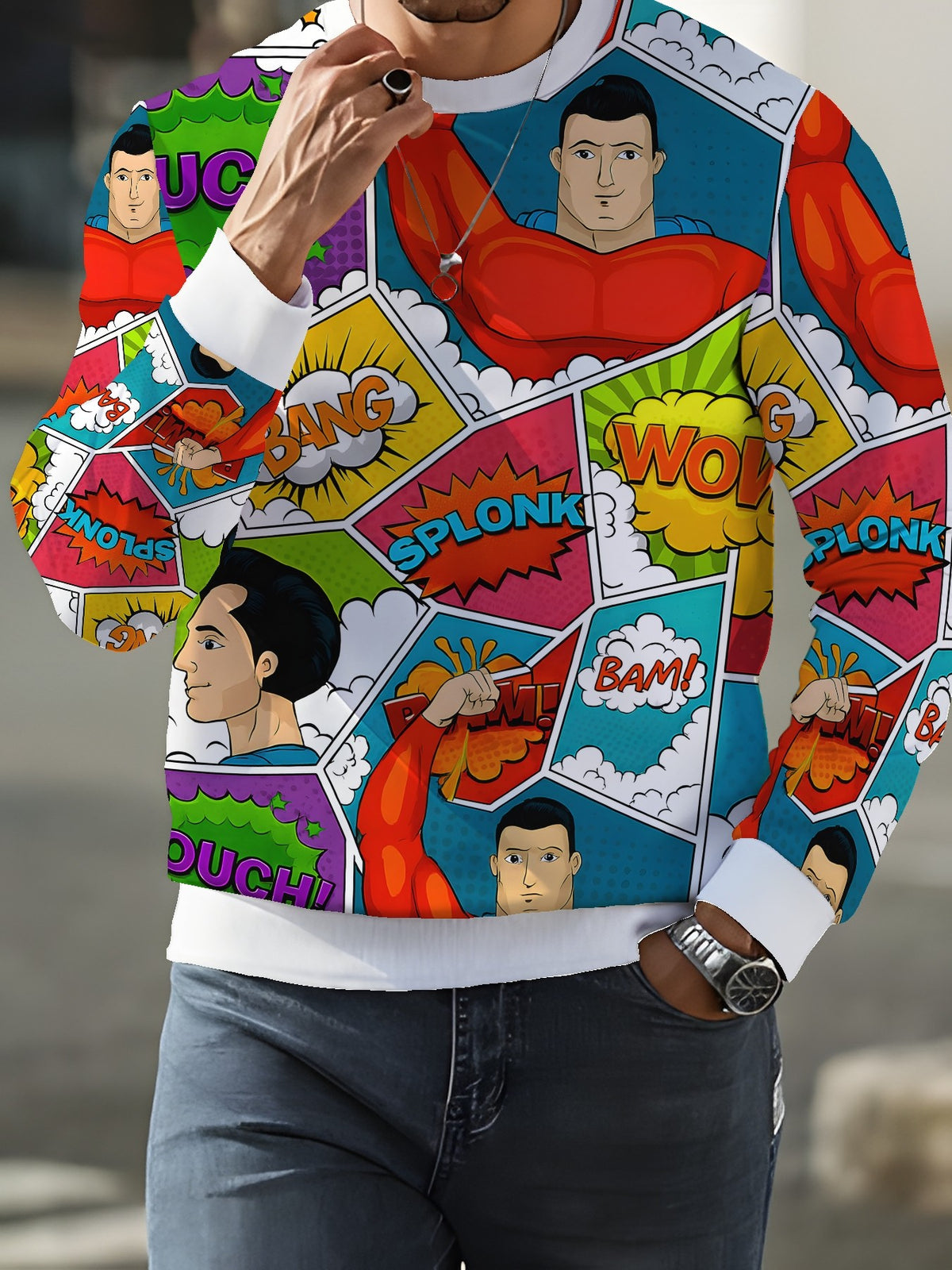 Men'S Print Long Sleeve Round Neck Sweatshirt, Autumn Winter Casual Athletic Top - Mixed colors