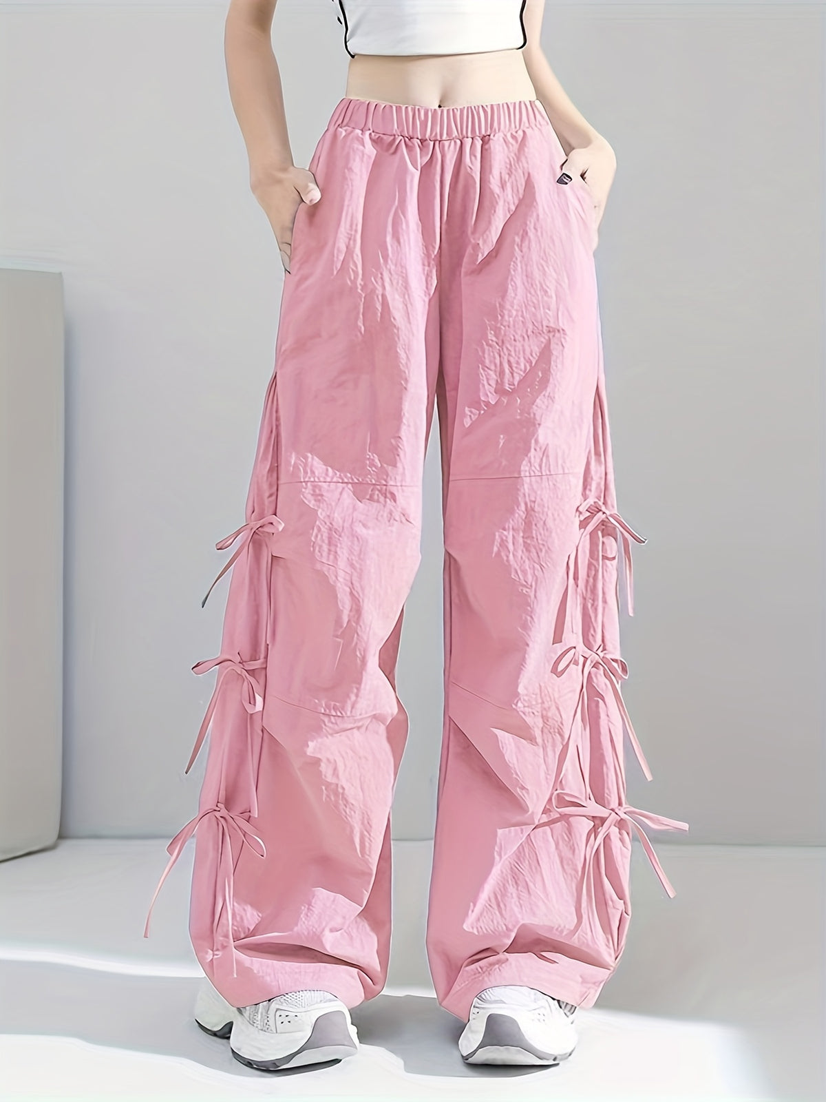 1039 Bow Tie Drawstring Quick-Dry Work Pants Women's Summer Thin American Casual Wide-Leg Parachute s Trousers - Pink