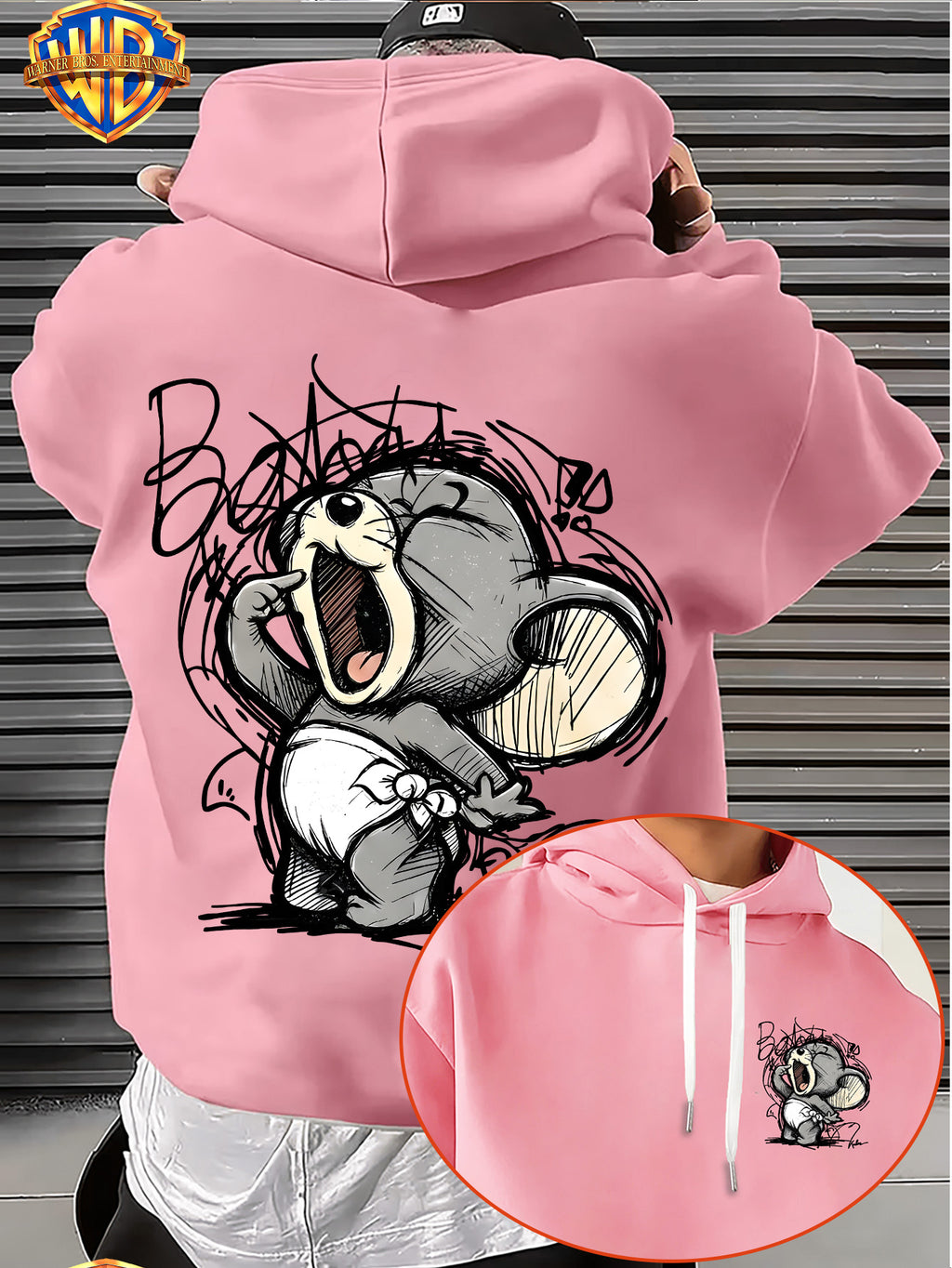 Warner Bros. Men's Fashion Hooded Sweatshirt with Cute American-Style Sketch Draft Small Animals, Wide-Mouthed Expressions, and Street-Style Handwritten Graffiti Font Print. Features Sleeve Print Design, Kangaroo Pocket, and Drawstring Hood - Pink Color