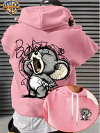 Warner Bros. Men's Fashion Hooded Sweatshirt with Cute American-Style Sketch Draft Small Animals, Wide-Mouthed Expressions, and Street-Style Handwritten Graffiti Font Print. Features Sleeve Print Design, Kangaroo Pocket, and Drawstring Hood - Pink Color