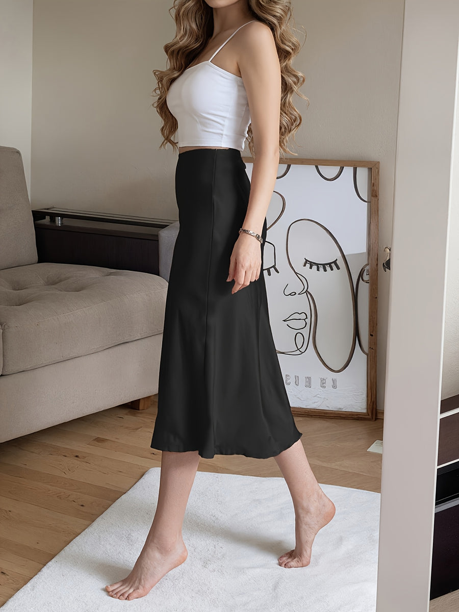 Fashionable City Commute Casual Outing Beach Vacation Home Outerwear Slit Satin-Like Pink Women'S Skirt - Black