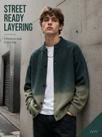 Daily Deal 1pc Men's Ombre Tie-Dye Knit Cardigan with Baseball Collar, Button-Front, Gradient Dye, Trendy Urban Street Style, Loose Fit Daily Sweater Outerwear for Spring & Fall - Dark Green