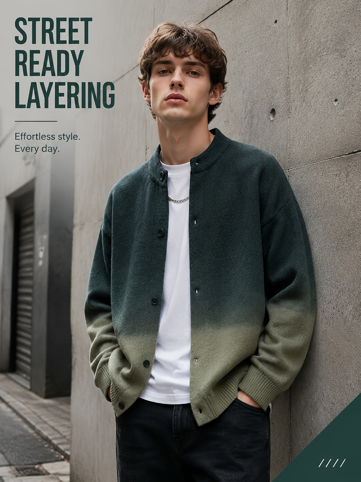Daily Deal 1pc Men's Ombre Tie-Dye Knit Cardigan with Baseball Collar, Button-Front, Gradient Dye, Trendy Urban Street Style, Loose Fit Daily Sweater Outerwear for Spring & Fall - Dark Green