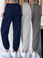 3pcs Set Halloween Casual Long Pants Elastic Waistband Pants, Warm Elastic Waistband Casual Trousers for Women's Outerwear in Fall/Winter - Blue+Gray+Dark Gray