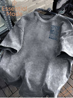 American High Street COFFEE Coffee Bean Cafe Themed Letter Print Distressed Washed Short-Sleeve T-Shirt - Loose Fit Casual American Vintage Style Men's Washed T-Shirt Casual Top - Light Grey