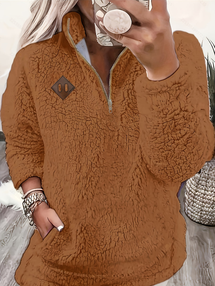 Women's Casual Fashion Pullover Zip-Up Long Sleeve Top - Chocolate
