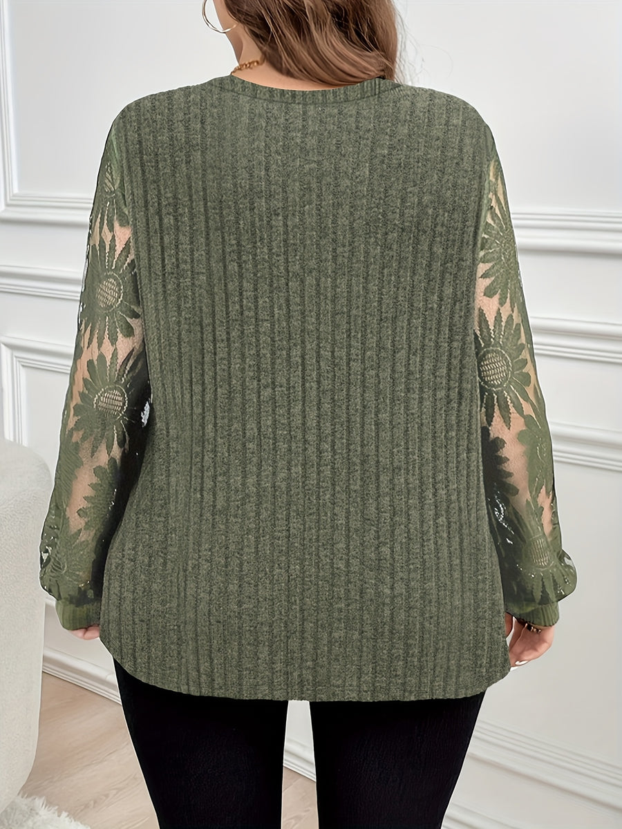 Plus Size Women'S Top, Western Fashion New Size Large Faux Two-Piece Lace Patchwork Long Sleeve T-Shirt - Olive Green