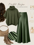 Autumn Winter Fashion Lazy Style Turtleneck Cloak Sweater And Premium Satin Fishtail Half Skirt, Temperament Elegant Commute Two-Piece Set - Olive Green