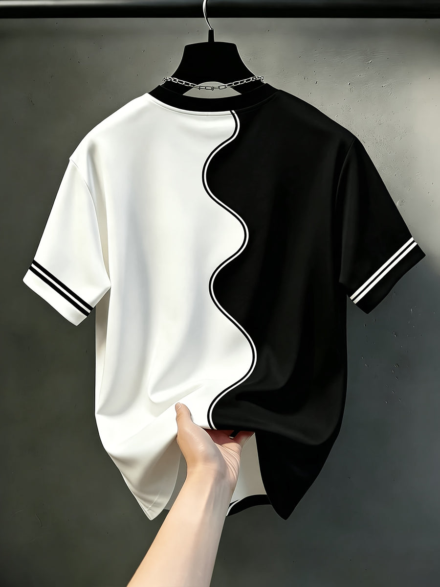 Printed Design - Non-Textured Men's Casual Crew Neck T-Shirt, Geometric Pattern Patchwork Stripe Design, KING Word Graphic, Draping Fashion Top, All-Season Wear, Breathable Regular Fit for Daily and Formal Outfits - Crew Neck Casual Top - Mixed colors