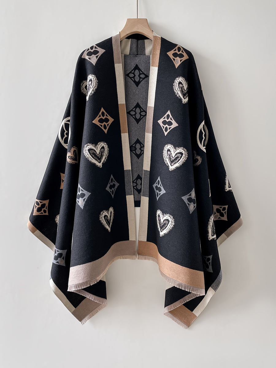 Plus Size - Reversible Contrast Heart Diamond Shawl Valentine'S Day Sweet Cool Style Western Date And Party Warm Outerwear Daily Casual And Fashionable - Black