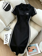 Ladies Bow Print Side Stripe Polo Collar Dress, Slim Fit Hip Wrap Dress for Summer - Black