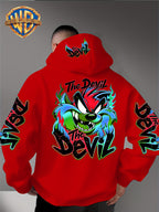 Le Yitong Flame Style Color-Block Graffiti Big Mouth Monster The Devil Print Hoodie, with Sleeve Print Design, Kangaroo Pouch And Drawstring Hood, Suitable for Autumn/Winter Casual Wear And Outdoor Activities - Red