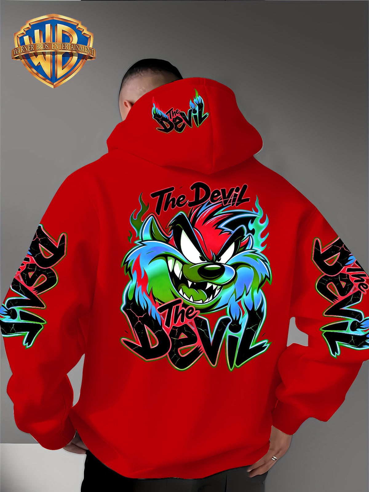 Le Yitong Flame Style Color-Block Graffiti Big Mouth Monster The Devil Print Hoodie, with Sleeve Print Design, Kangaroo Pouch And Drawstring Hood, Suitable for Autumn/Winter Casual Wear And Outdoor Activities - Red