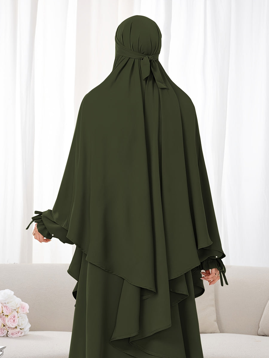 Women's 2pcs Modest Islamic Abaya & Khimar Suit - Elegant Full Coverage Prayer Dress with Headscarf, Pure Color Muslim Dress Suitable for Daily Wear, Hajj, Ramadan, Travel - Abaya Robe for Muslim Women - Olive Green