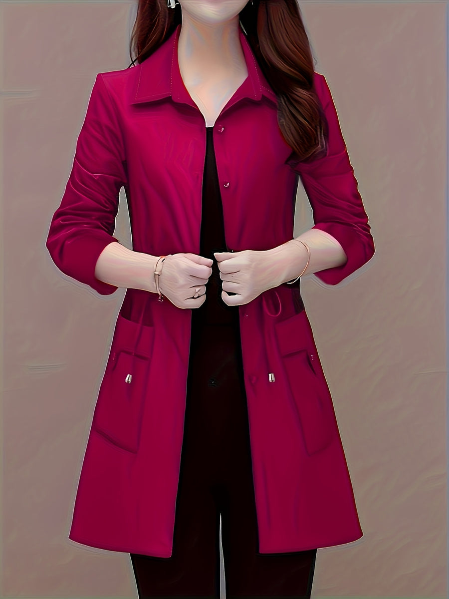 Spring And Autumn Fashion Long Slim Long-Sleeved Shirt Coat - Rose Red