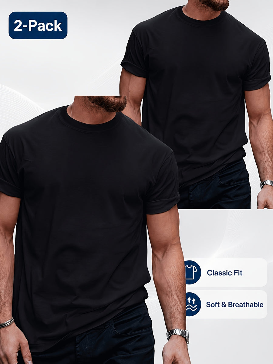 2pcs Men'S Round Neck Short Sleeve Top Set, Round Neck Solid Color Casual Versatile Style, Skin-Friendly Blend Fabric, Suitable for Casual Commuting And Home Wear - Black+black