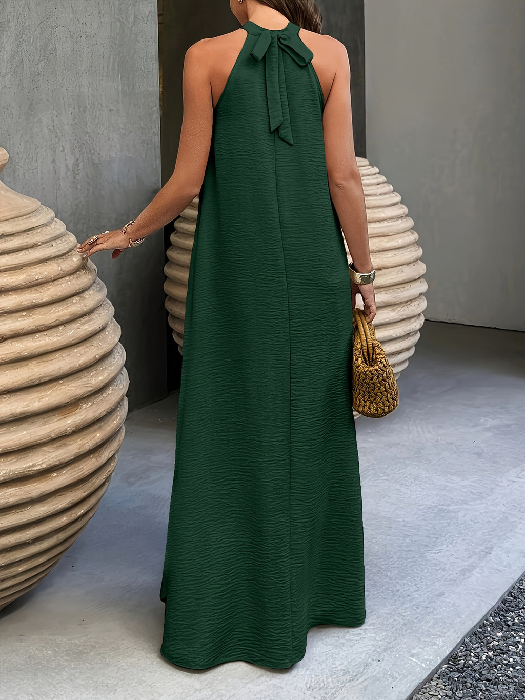 Ancient City Bohemian Style Dress, Vacation Style, Ribbed Neckline, Suitable for Spring Summer, Beach Dress, Women'S Long Summer Dress Clothing - Deep Green