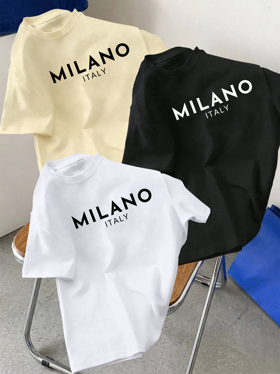 3pcs Set Men's Pure Cotton Short-Sleeve Crew Neck T-Shirt with Milan, Italy Pattern, Suitable for Daily Casual Wear, Comfortable, Soft, Breathable, Summer Essential - White+Black+Apricot