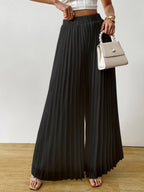 Women'S High-Waisted Pleated Wide-Leg Pants, White And Black. Elastic Waist, Flowy Fit. Perfect for Casual Outings, Evening Events, Or Beach Vacations. Pair with Crop Tops for a Chic Look - Black