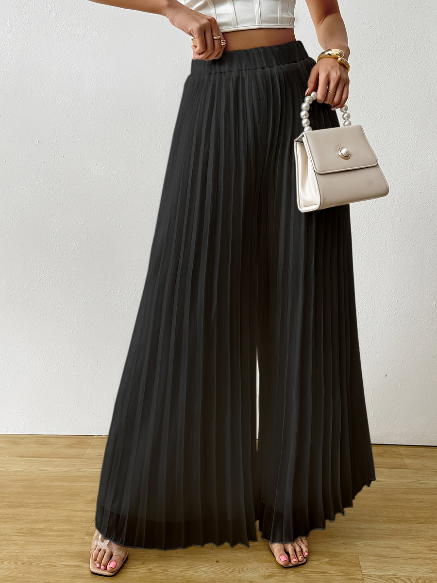 Women'S High-Waisted Pleated Wide-Leg Pants, White And Black. Elastic Waist, Flowy Fit. Perfect for Casual Outings, Evening Events, Or Beach Vacations. Pair with Crop Tops for a Chic Look - Black