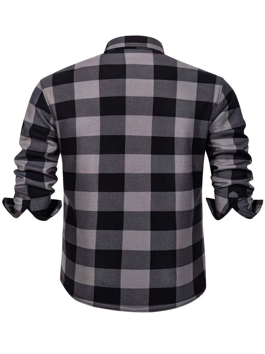 Autumn/Winter Plaid Flannel Shirt for Men, -Lined, Thickened, Warm, Long-Sleeve Workwear Jacket, Casual Top, New Season - Dark Gray