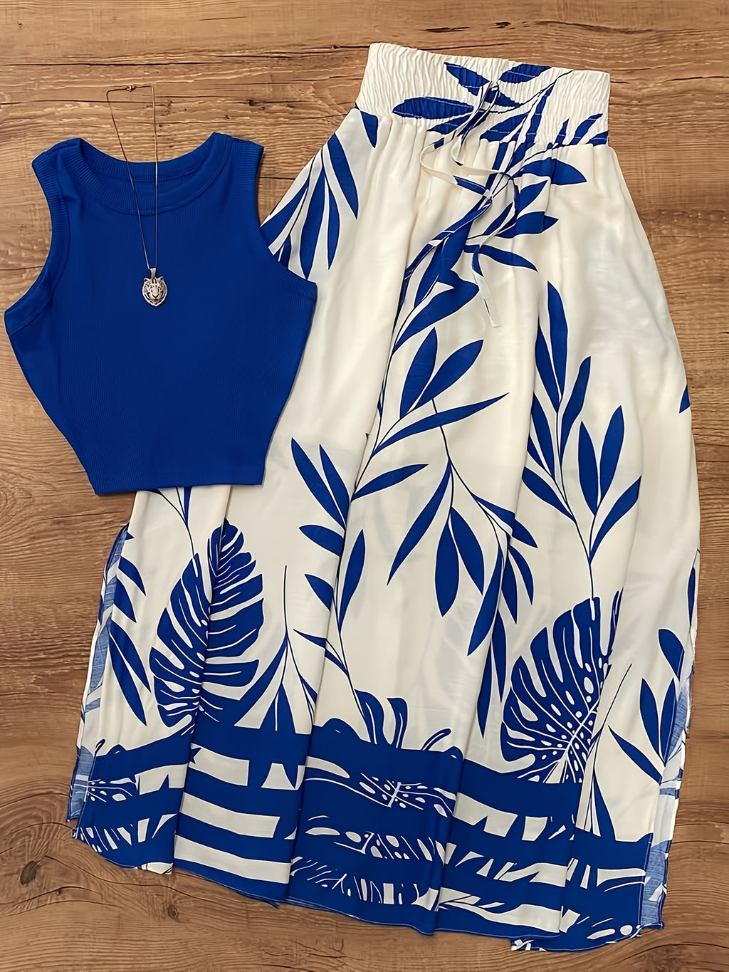 Summer Women'S Daily Vacation Floral Print Skirt And Solid Color Sleeveless Top 2pcs Set - Blue + blue apricot