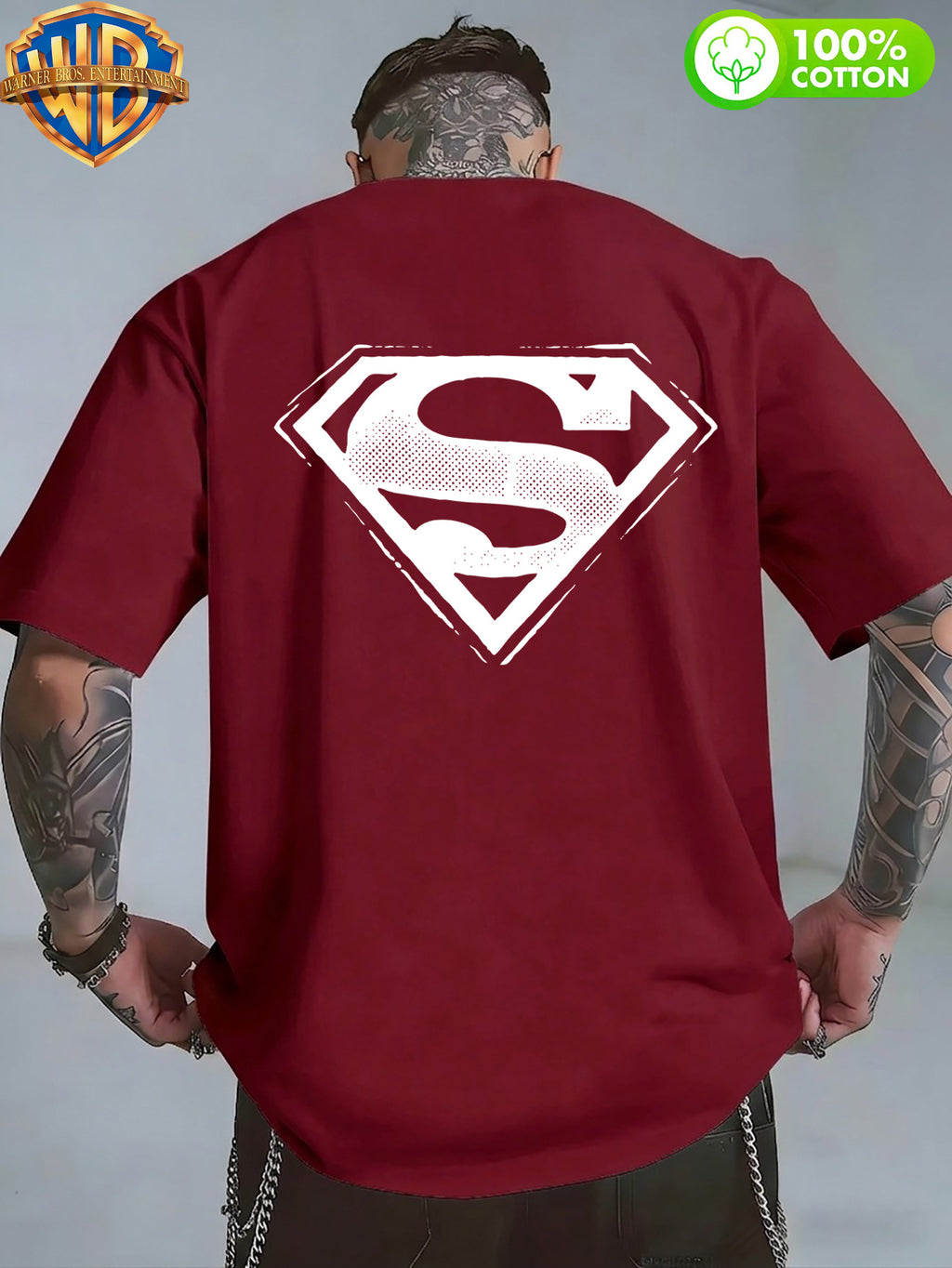 1pc WB Warner Bros. Official DC Superman Icon T-Shirt - Men's & Unisex Vintage Print, 100% Cotton Loose Fit Short Sleeve Tee with Superman, Casual Round Neck Shirt Suitable for Gym, Office, Daily Wear - Father's Day Gift for - Burgundy