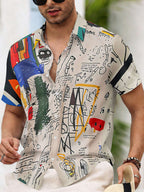 Men's Digital Print Shirt with Interwoven Abstract Graffiti, Vibrant Colors and Free-spirited Line Patterns, a Casual Men's Top - Mixed colors