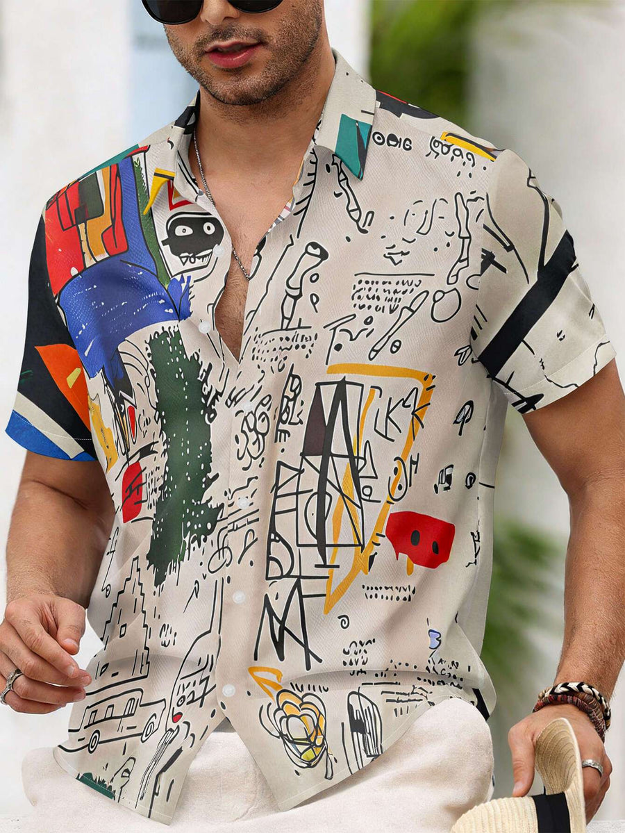 Men's Digital Print Shirt with Interwoven Abstract Graffiti, Vibrant Colors and Free-spirited Line Patterns, a Casual Men's Top - Mixed colors