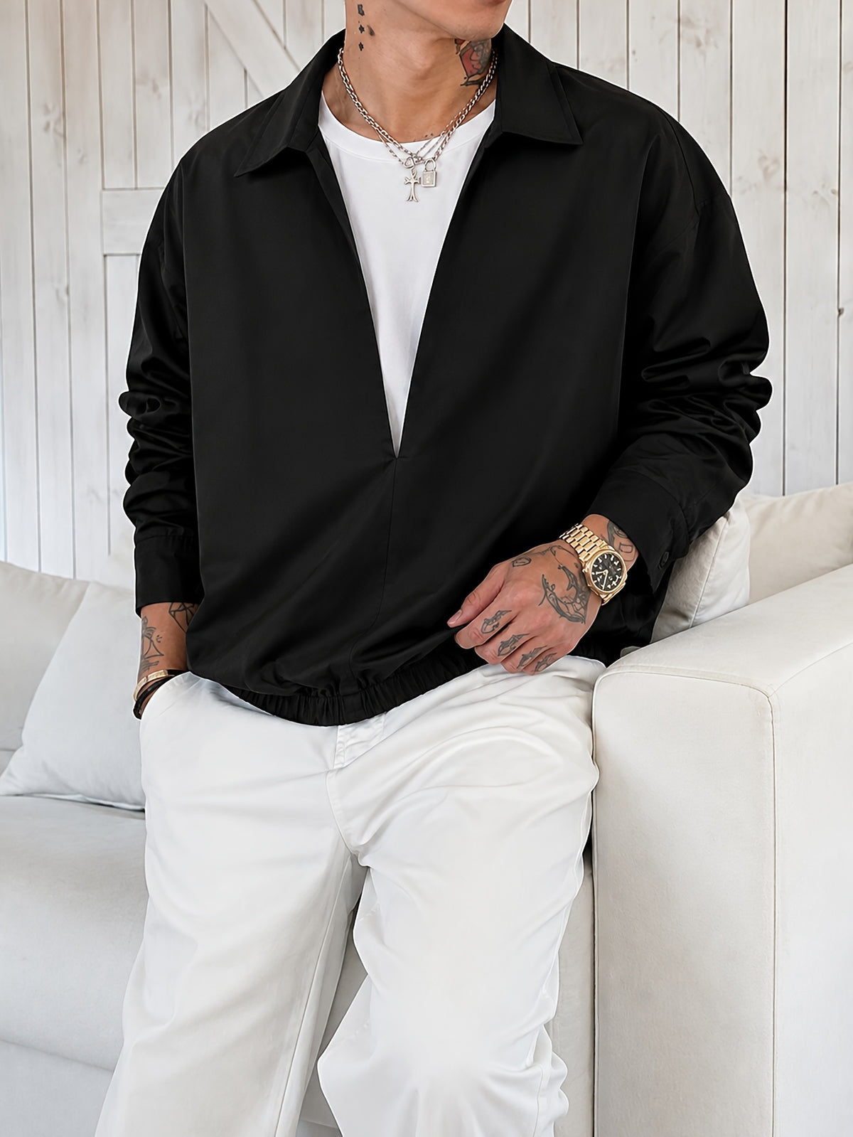 Men'S V-Neck Faux Two-Piece Open Front Long Sleeve Shirt Jacket with Elastic Cinch Hem, Premium Casual Commuter Shirt, Everyday Relaxed All-Match Pullover - Black