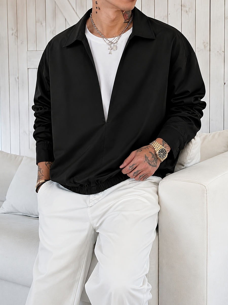Men'S V-Neck Faux Two-Piece Open Front Long Sleeve Shirt Jacket with Elastic Cinch Hem, Premium Casual Commuter Shirt, Everyday Relaxed All-Match Pullover - Black