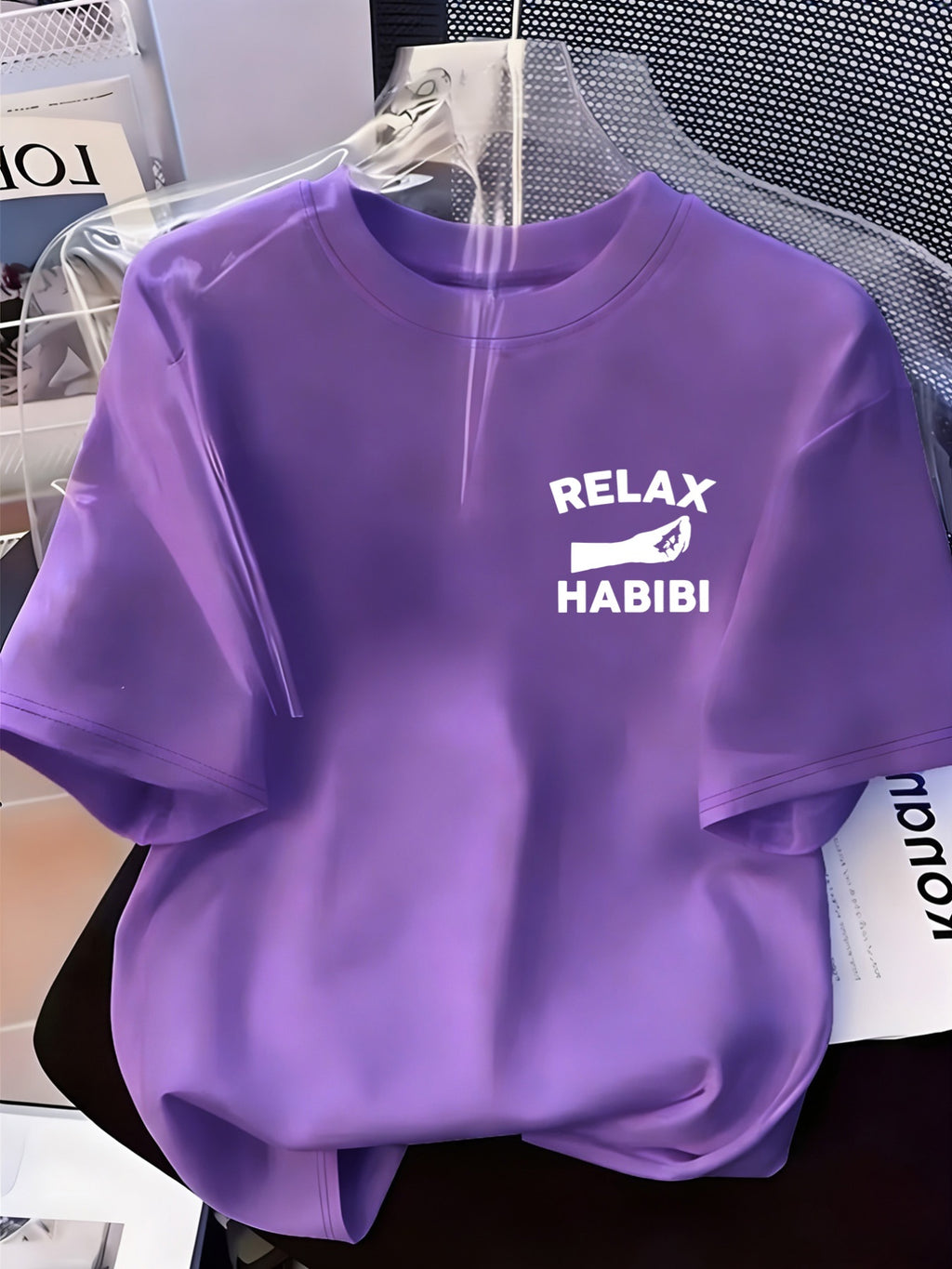 Front And Back Printed Women'S Fashion Base Print T-Shirt, Soft And Versatile, Casual Style Printed Pattern with RELAX HABIBI Lettering And Hand Gesture Design Printed Short Sleeve T-Shirt, Suitable for Casual Wear, Fashion All-Season Top - Purple